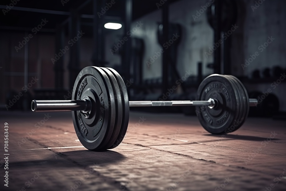 Naklejka premium Barbell on the floor in the gym. Horizontal banner for a gym, Gym Floor Barbell: Horizontal Banner for Fitness Center