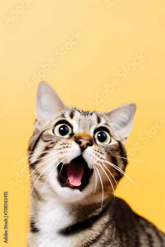 Funny surprised cat isolated on bright background. Studio portrait of a cat with amazed face.