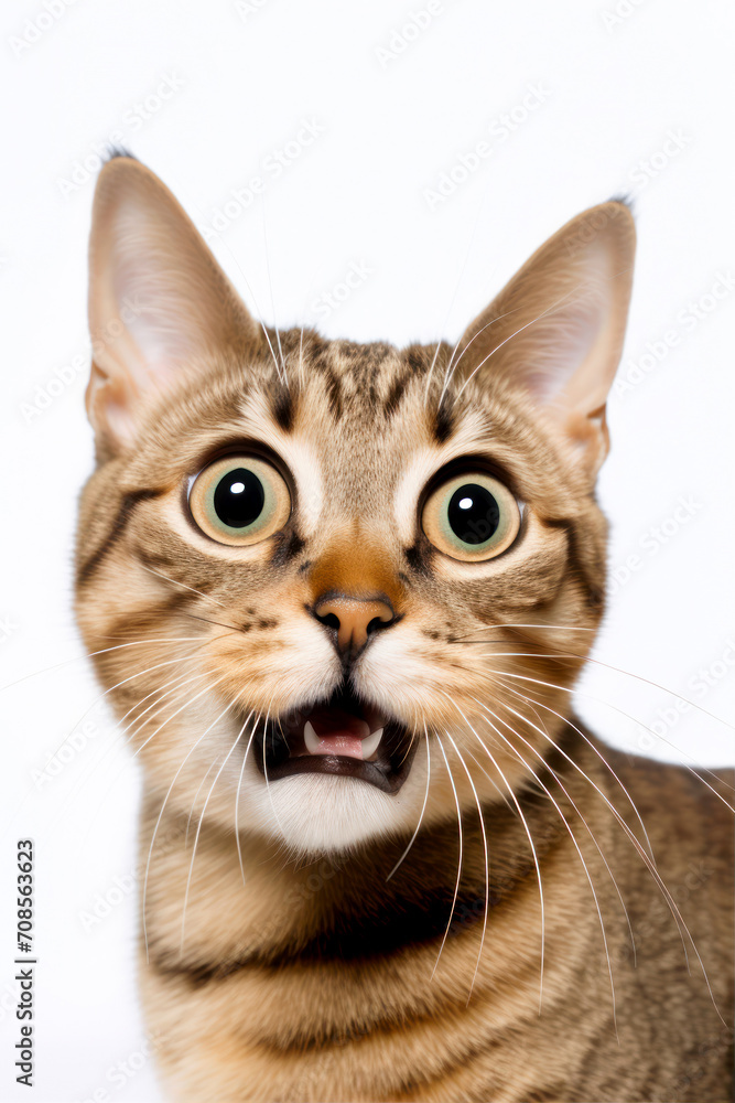 Funny surprised cat isolated on white background. Studio portrait of a cat with amazed face. Funny surprised cat isolated on white background. Studio portrait of a cat with amazed face.