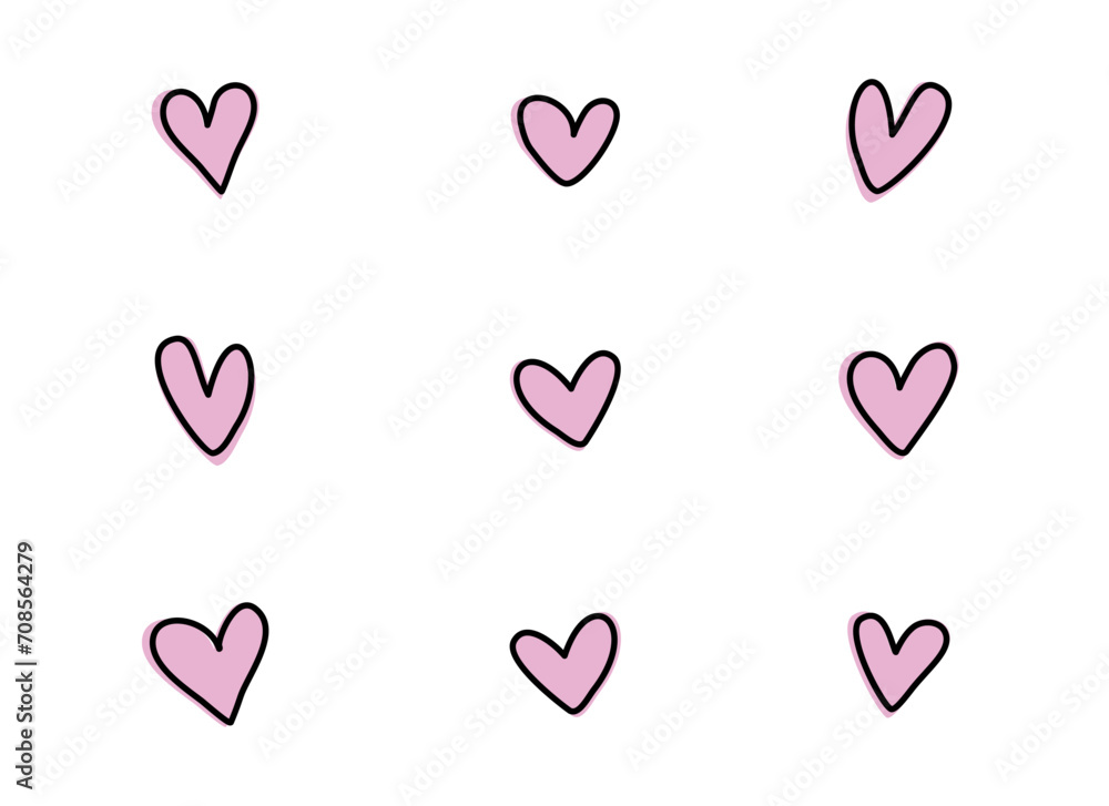 Set of hand drawn hearts. Doodle style hearts. Love and Valentine's Day theme. Vector illustration for graphic design.