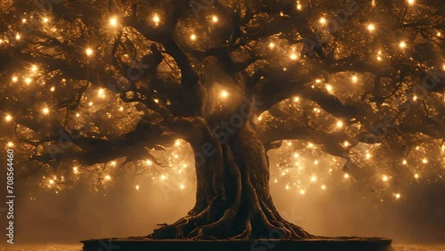 a huge tree of life with twinkling magical lights. a symbol of beginning and strength. Generative AI photo