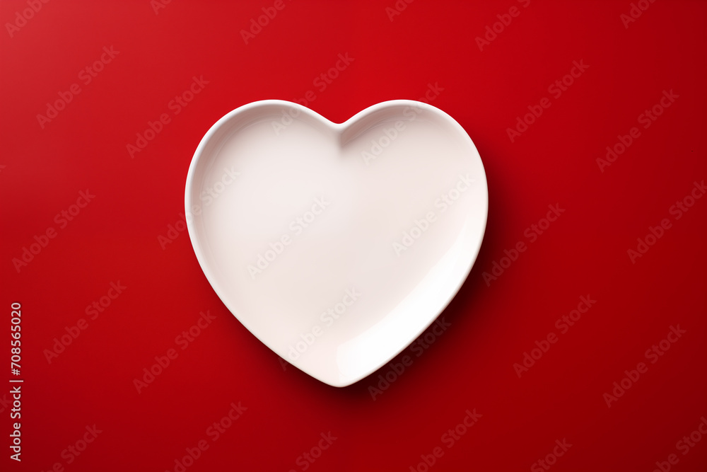 Heart-shaped white plate on a red background Heart-shaped white plate on a red background