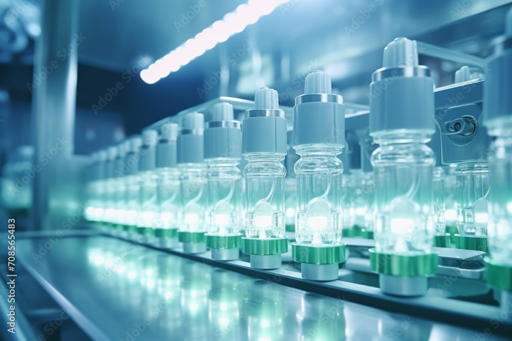 The production process of medical ampoules at a drug factory. Conveyor. AI generated. The production process of medical ampoules at a drug factory. Conveyor. AI generated.