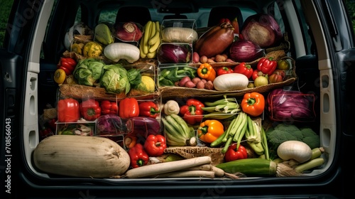 The trunk of the car is full of many different and colorful fresh vegetables and fruits. Farm products, fair, agriculture concepts.