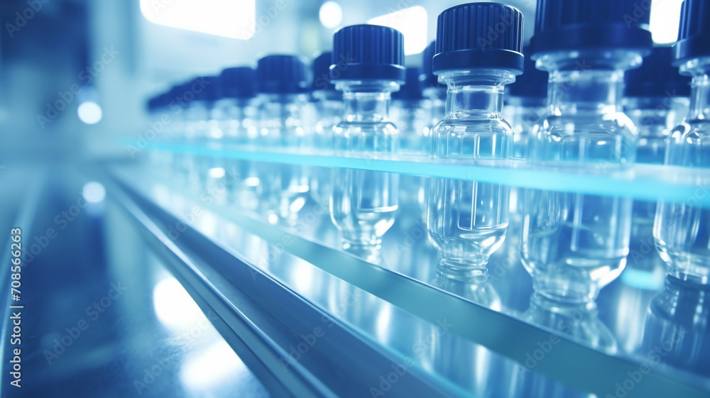 The production process of medical ampoules at a drug factory. Conveyor. The production process of medical ampoules at a drug factory. Conveyor.
