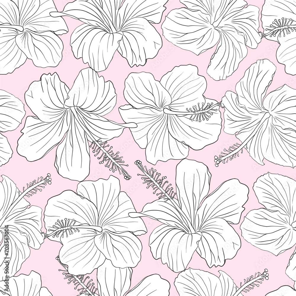 Hibiscus pink flower silhouette and line art seamless pattern for textile, fabric, wallpaper or scrapbook paper. Hand drawn floral tropical illustration, botanical greenery vector background.