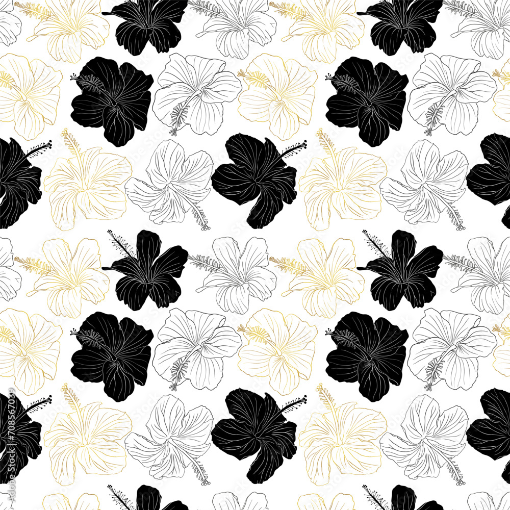 Hibiscus gold foil, line art and silhouette tropic flower seamless pattern. Can be used for textile, fabric, invitations, cards, scrapbook, print, wrap, wallpaper. Floral vector background
