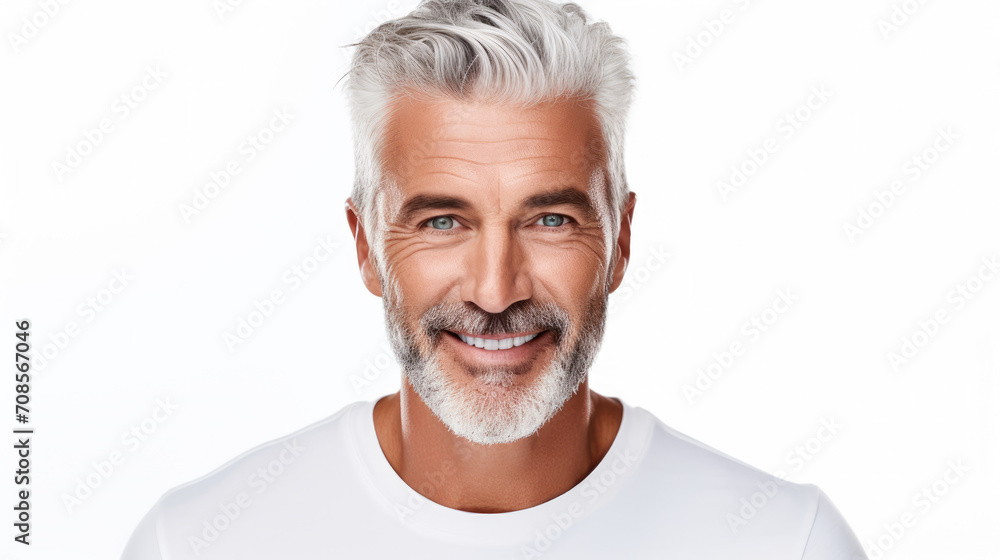 Portrait Handsome old mature man smiling with clean teeth, fresh hair, neat beard and strong jaw isolated on white background Portrait Handsome old mature man smiling with clean teeth, fresh hair, neat beard and strong jaw isolated on white background