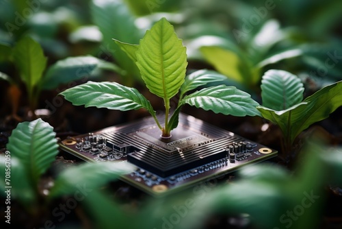 Plant growing from processor grow nature computer hardware ecology sustainable eco-friendly technology tech modern computer chip green leaves natural beauty leaf tree oxygen microchip electronics