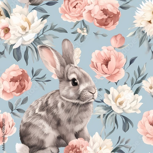 Cute rabbit with peonies on blue background,seamless pattern, AI generated.