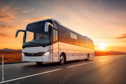 Touristic coach bus on highway road intercity regional domestic transportation driving urban modern tour traveling travel journey ride moving transport concept public comfortable passengers shuttle photo