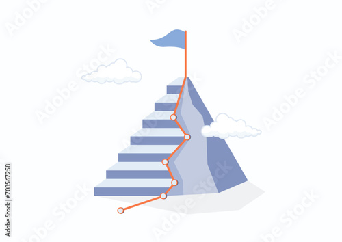 Flag on the mountain peak goal achievement. Flat modern vector illustration.
