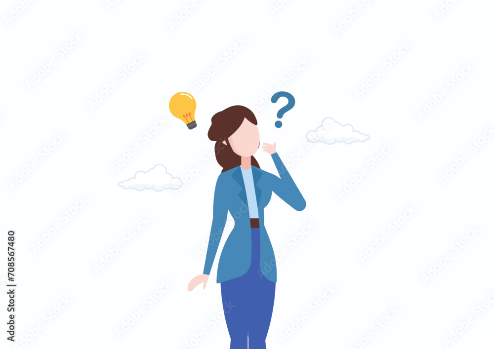 Solution to solve problem, asking question and answer, discover idea, solving business difficulty, thoughtful business woman think of solution to solve problem with lightbulb and question mark. Solution to solve problem, asking question and answer, discover idea, solving business difficulty, thoughtful business woman think of solution to solve problem with lightbulb and question mark.
