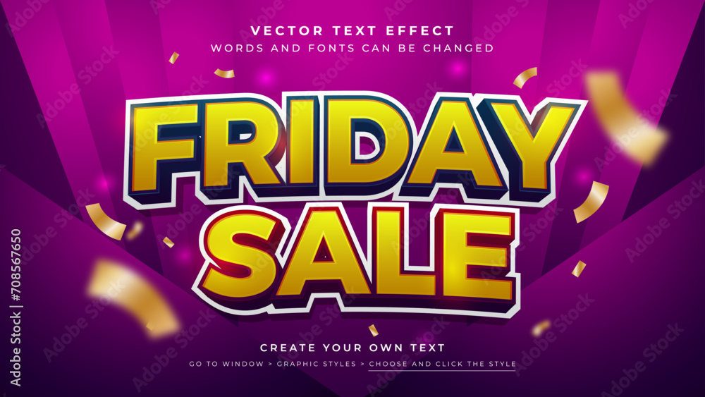Vector Editable 3D yellow text effect. Friday sale discount promotion graphic style on purple background