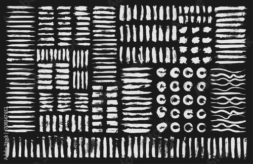 Mega Collection of vector hand drawn brush strokes and stains. Ink splatters, grungy painted lines, artistic design elements: waves, circles, triangles. Vector paintbrush set