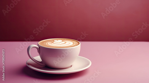 A cup of cappuccino coffee with latte art in the center of the photo on a soft pastel light purple background created with Generative AI Technology