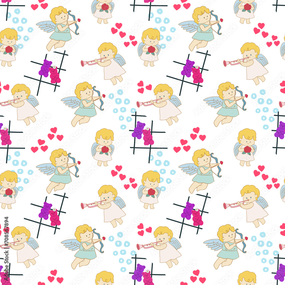Retro happy cupid Valentines day. Comic happy heart character doodle cute kid in trendy seamless pattern Retro happy cupid Valentines day. Comic happy heart character doodle cute kid in trendy seamless pattern