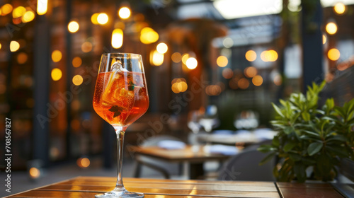 Aperol Spritz cocktail on restaurant table outside, summer night