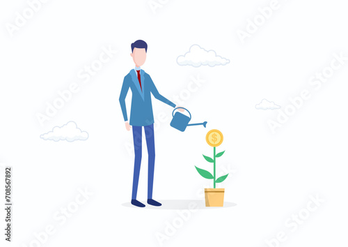 Money growth, increase in investment profits or retirement funds, increase in wealth and income, income or earnings concept, businessman watering plants growing with flowers dollar money coins.