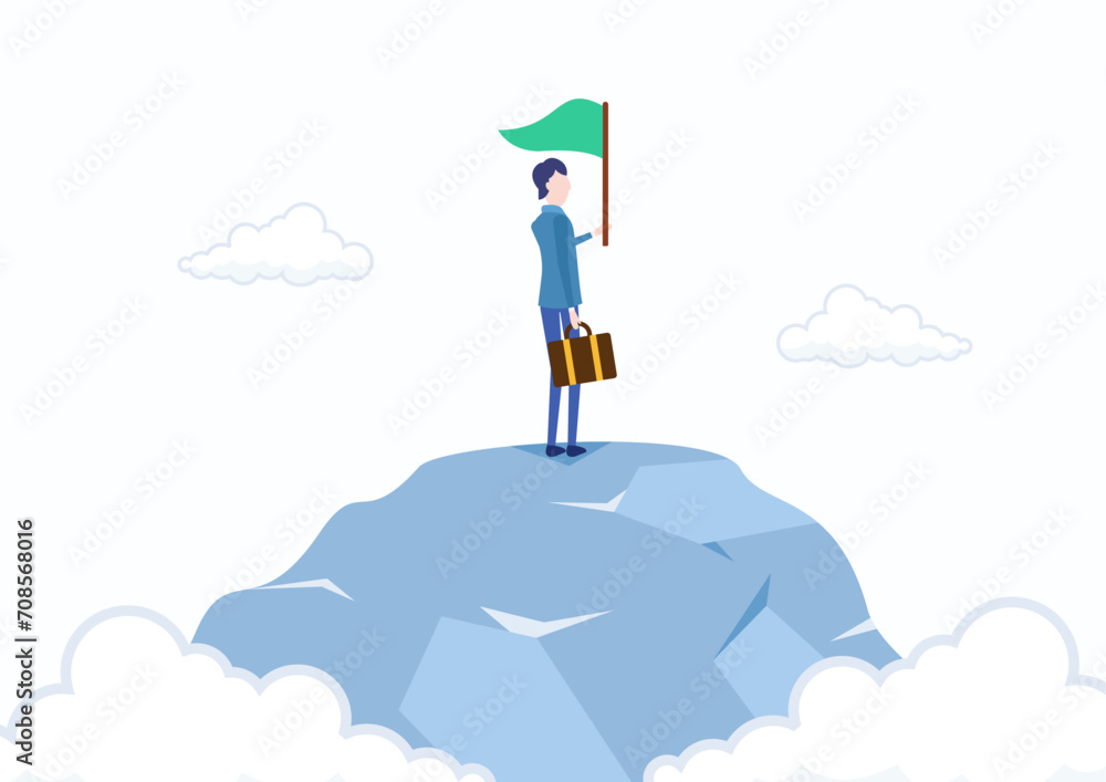 Successful businessman in the business world, business achievement or success, improvement, concept of business man reaching the top of the mountain holding the flag of success.