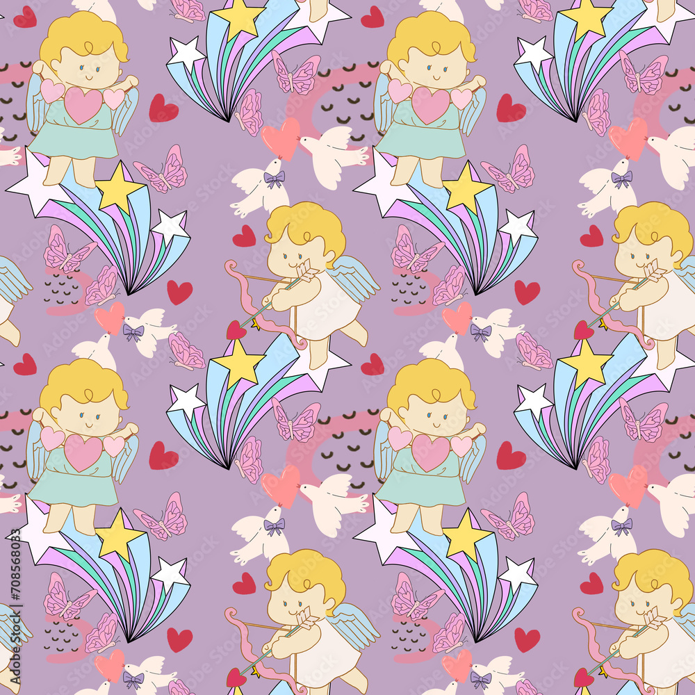 Retro happy cupid Valentines day. Comic happy heart character doodle cute kid in trendy seamless pattern