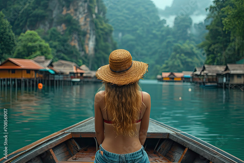 white blonde woman traveler sitting on the boat in green sea water village in the bay of thailand phuket 