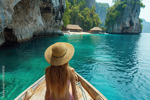 White blonde tanned woman on boat green sea water in the bay of thailand phuket  © kora
