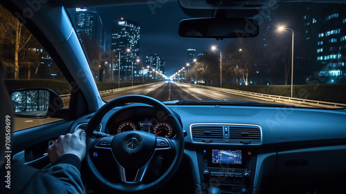 Driving the car at night. Point of view of driver from inside car. Night city. photo
