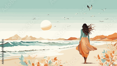 copy space, boho style illustration, woman on the beach. Beautiful summer atmosphere with backview of a woman walking on the beach. Summer or vacations background in a tropical place. Travel theme