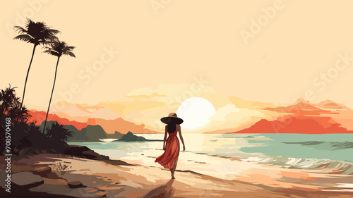 copy space, boho style illustration, woman on the beach. Beautiful summer atmosphere with backview of a woman walking on the beach. Summer or vacations background in a tropical place. Travel theme