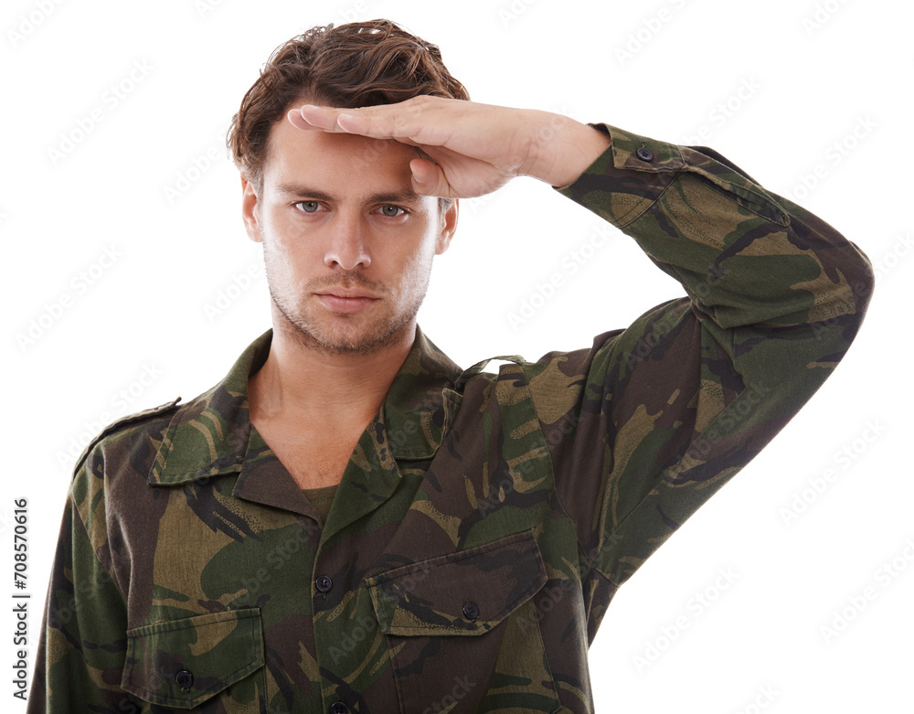 Military, salute and serious with portrait of man in studio for war, conflict and patriotism. Army, surveillance and security with person on white background for soldier, battlefield and veteran