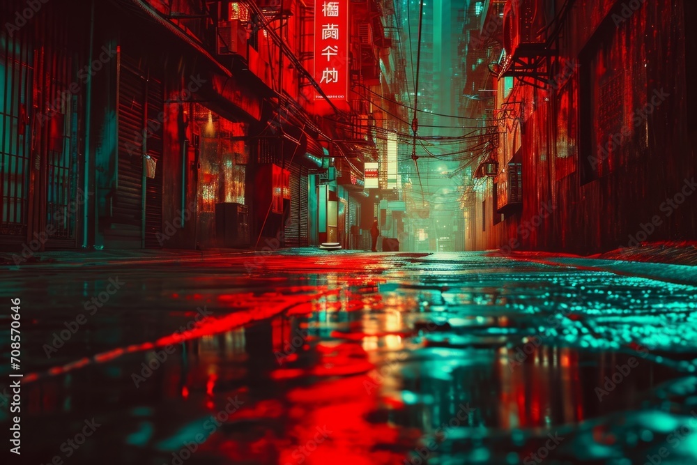 © Yuliia - Futuristic dark cyberpunk city dystopia streets colorful neon lights glow night architecture skyscrapers background cyberspace technology simulation cyber fantasy science fiction decorations scene