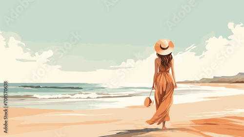 copy space, boho style illustration, woman on the beach. Beautiful summer atmosphere with backview of a woman walking on the beach. Summer or vacations background in a tropical place. Travel theme