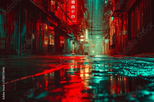 Futuristic dark cyberpunk city dystopia streets colorful neon lights glow night architecture skyscrapers background cyberspace technology simulation cyber fantasy science fiction decorations scene photo