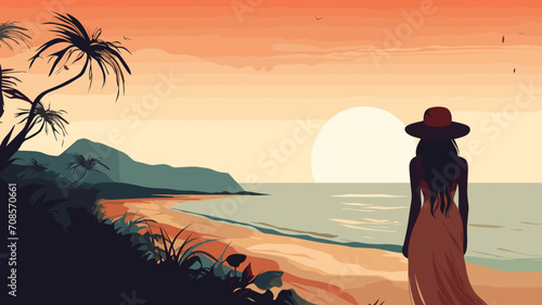 copy space, boho style illustration, woman on the beach. Beautiful summer atmosphere with backview of a woman walking on the beach. Summer or vacations background in a tropical place. Travel theme