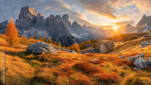  イタリア・ドロミテの秋の夕暮れ、明るい陽光に照らされる渓谷GenerativeAI photo