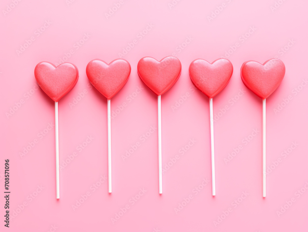 Heart candies on stick, pink valentines day background. Five love lollipops isolated on pink.