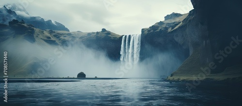 Scenic waterfall in front of a beautiful landscape, created with AI