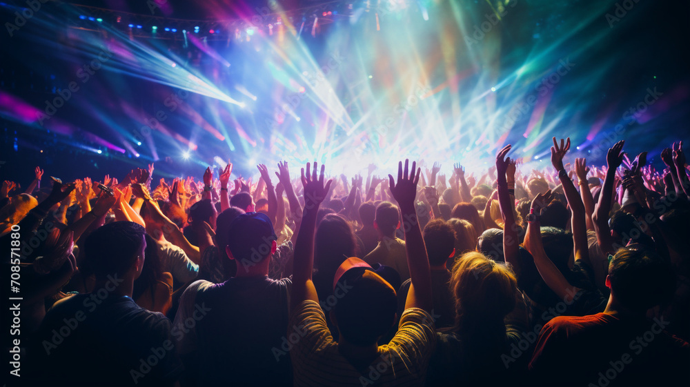 Bright colored stage rays break through the smoke above the raised hands of a crowd of spectators at a rock concert.
