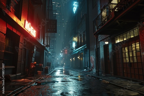 Futuristic dark cyberpunk city dystopia streets colorful neon lights glow night architecture skyscrapers background cyberspace technology simulation cyber fantasy science fiction decorations scene