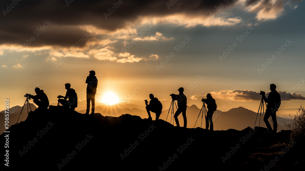silhouettes of different people photographing spectacular landscape at sunrise. group of people at sunset silhouettes of different people photographing spectacular landscape at sunrise. group of people at sunset