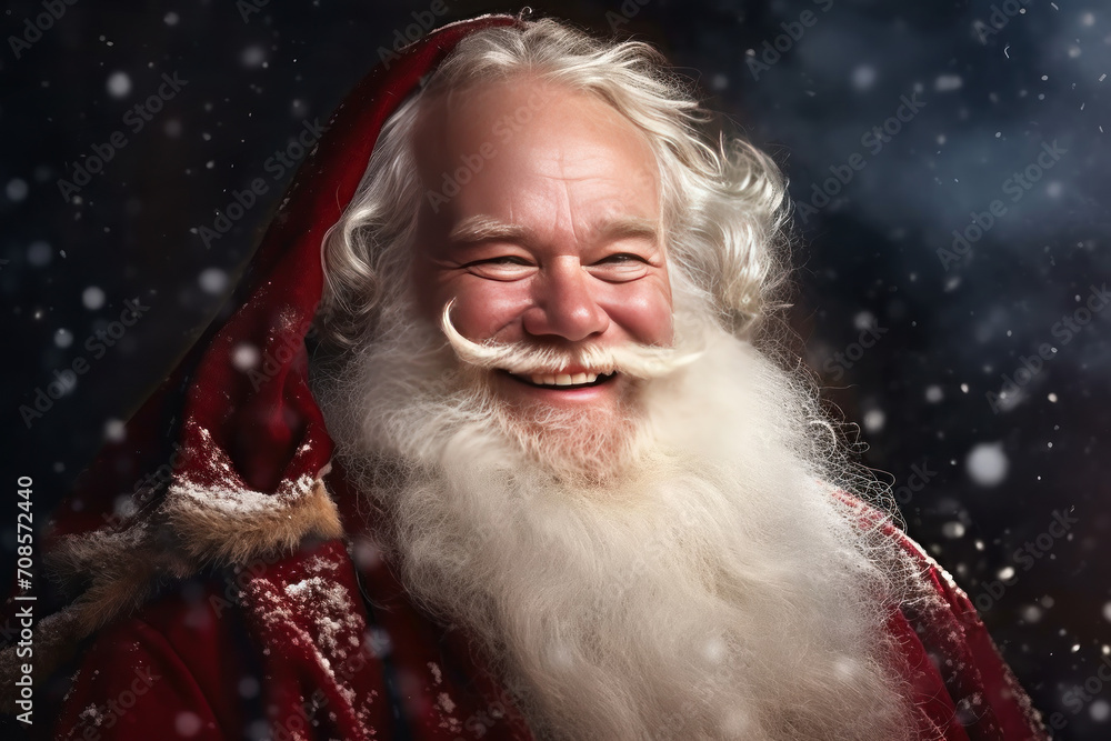 A close-up portrait of a smiling Santa Claus with a white beard and mustache in a red costume A close-up portrait of a smiling Santa Claus with a white beard and mustache in a red costume