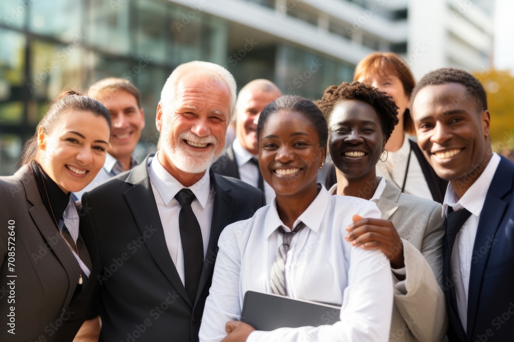 Diverse team posing in front of office building company advertising ad marketing hr employees teamwork job done success women men businessmen managers smiling friends group happy confident coworkers Diverse team posing in front of office building company advertising ad marketing hr employees teamwork job done success women men businessmen managers smiling friends group happy confident coworkers
