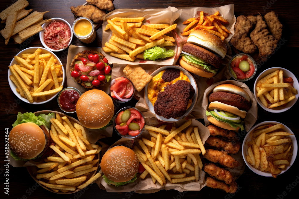 Large set of different fast food. French fries, burgers, nuggets, cutlets, bread and salad of tomatoes and cucumbers with herbs on dark wooden table. Generated by AI. Large set of different fast food. French fries, burgers, nuggets, cutlets, bread and salad of tomatoes and cucumbers with herbs on dark wooden table. Generated by AI.
