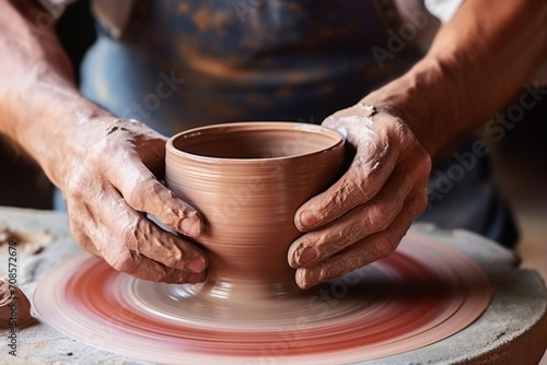 Close-up view of a potter's hand, a vase on a potter's wheel.