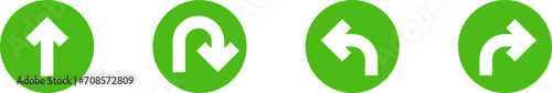 Go Straight This Way One Way Only U Turn Left and Right Green and White Arrow Round Circle Traffic Sign Direction Icon Set. Vector Image.	
