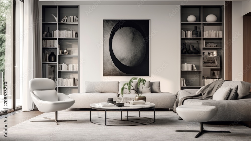 Modern Scandinavian Living Room Interior with Elegant Furniture and Decor.wall Art , Poster , Interior Design ,