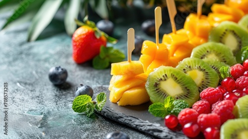 Tropical fruits canapes on grey plank. Table mats design concept. photo