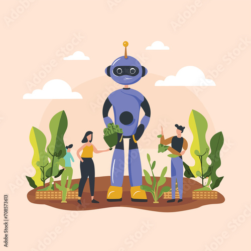 2d vector illustration colorful technology , ai robot farmer helping people at field with plant colorful design
