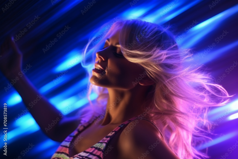 Attractive dancing blonde in a nightclub against the backdrop of disco lights. Attractive dancing blonde in a nightclub against the backdrop of disco lights.
